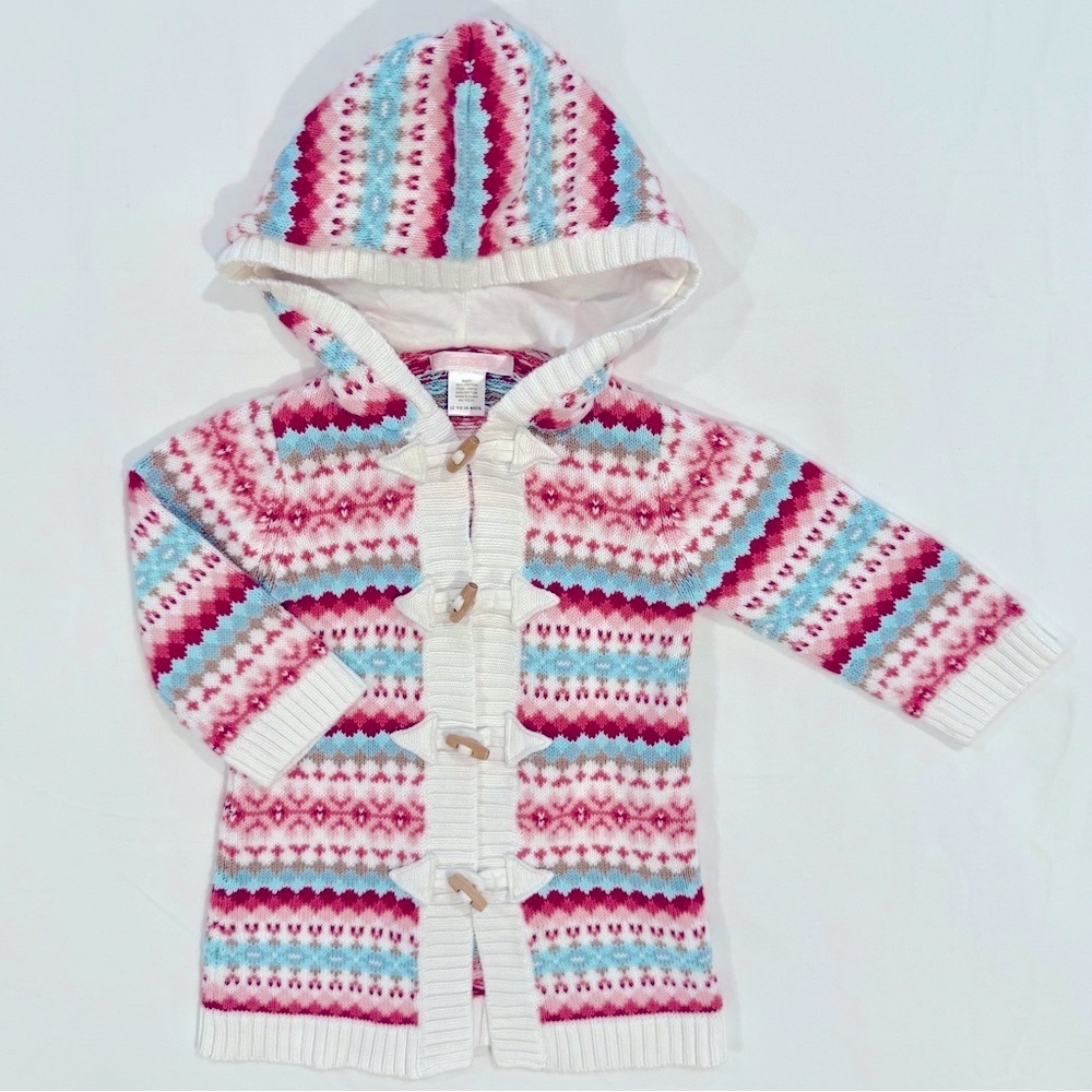 Janie and Jack Hooded Knit Cardigan Girls 12-18M Toggle Closure Fair Isle Winter